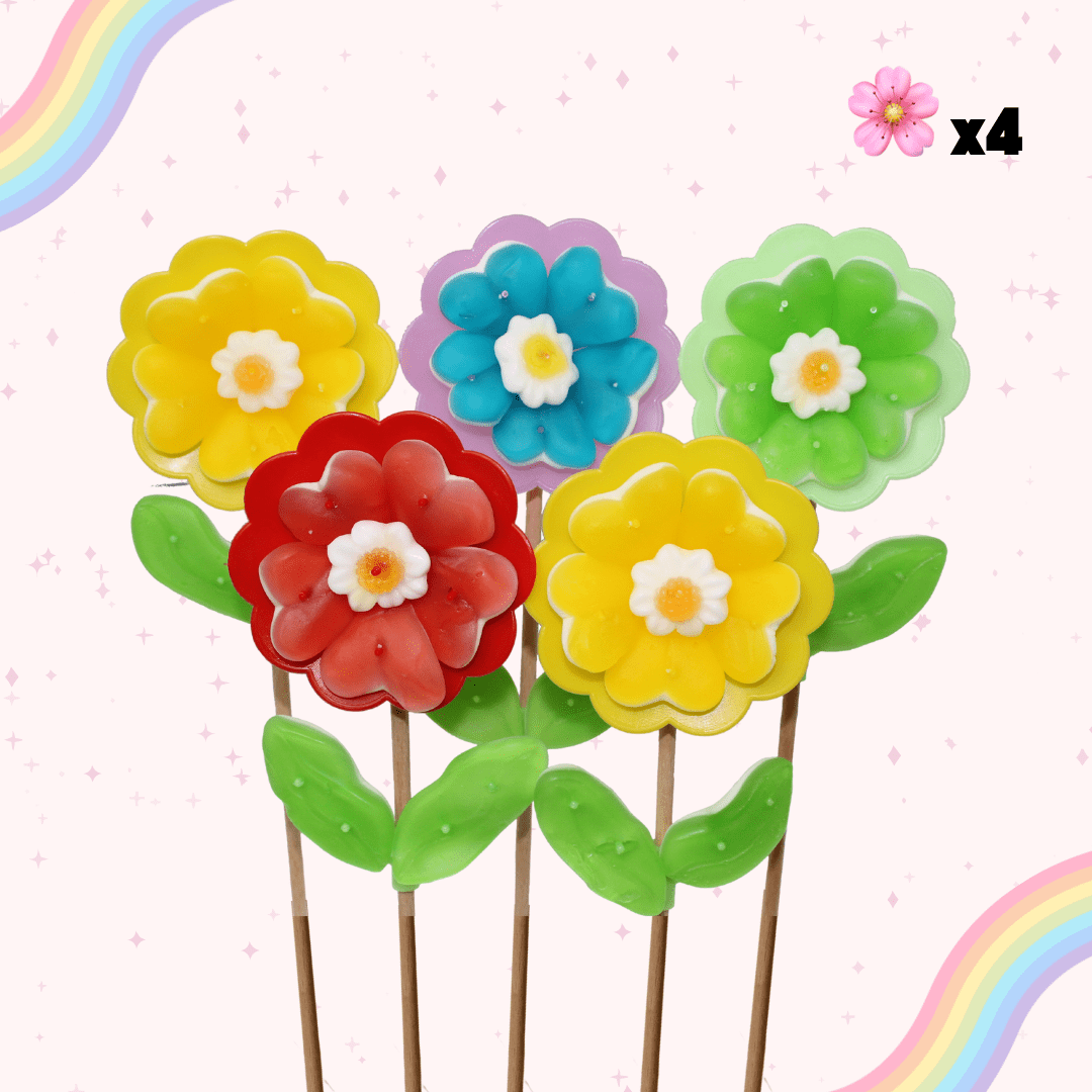 Pack de 4 mini fleurs artisanales colorées avec chamallow et glaçage royal saveurs mûre, pomme, framboise, citron