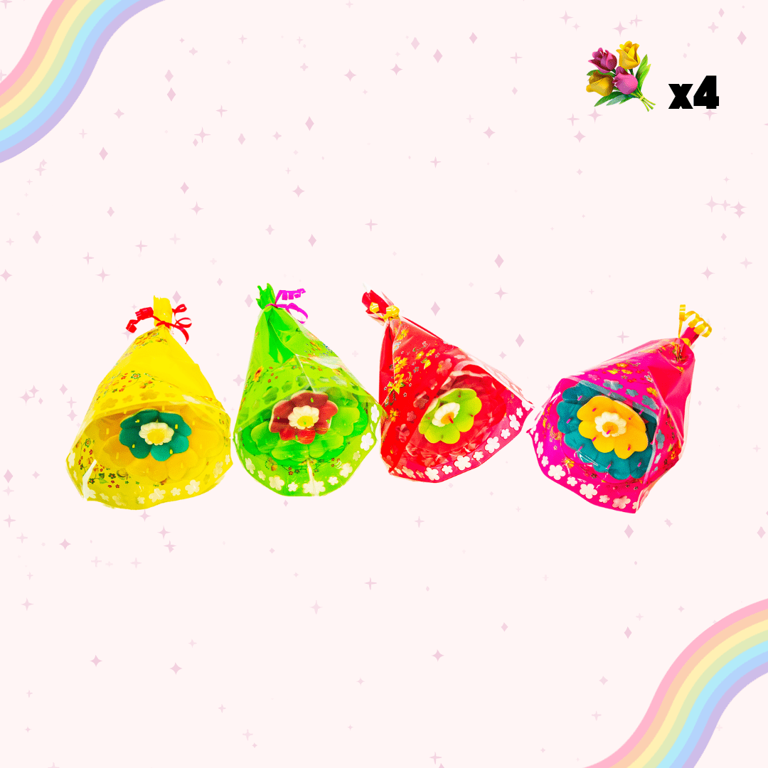 Pack de 4 mini bouquets artisanaux avec chamallow glacé royal aux saveurs mûre, pomme, framboise et citron