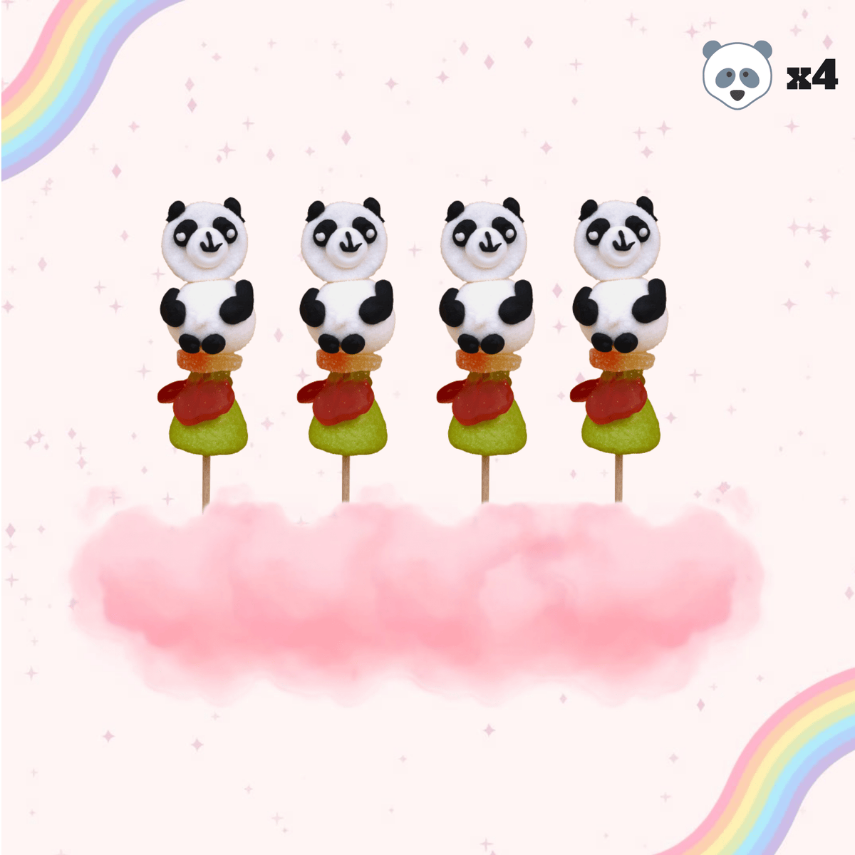 Pack de 4 brochettes pandas 100% artisanales sans gluten saveurs vanille fraise framboise cerise